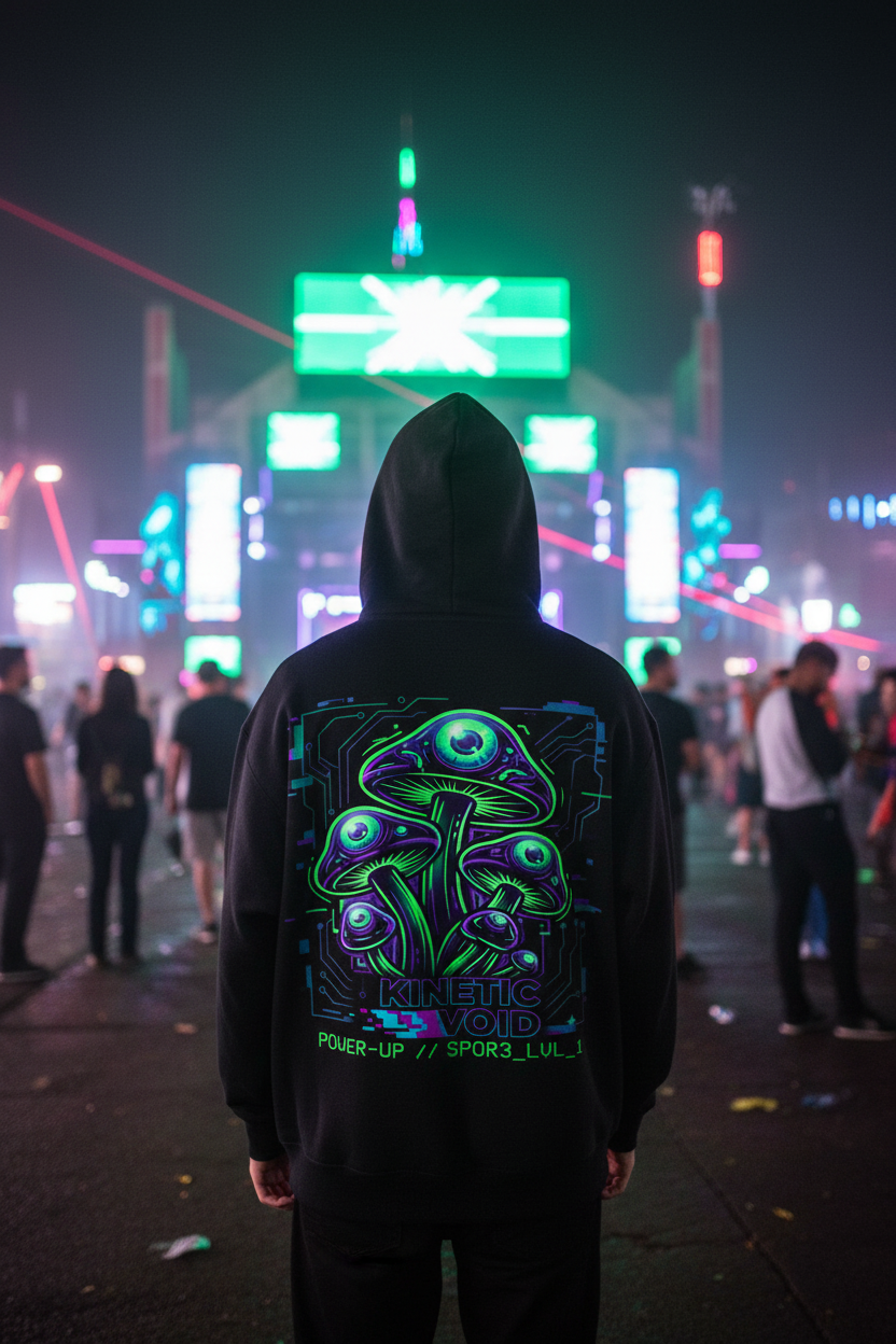 Complex Mushroom Hoodie lifestyle shot - vivid neon festival lights