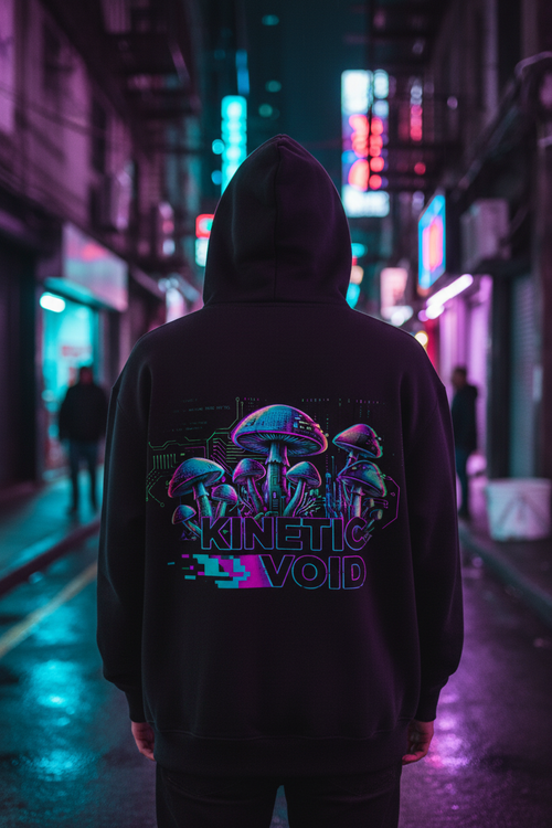 Bio-Tech Mushroom Hoodie lifestyle shot - bright neon purple and teal