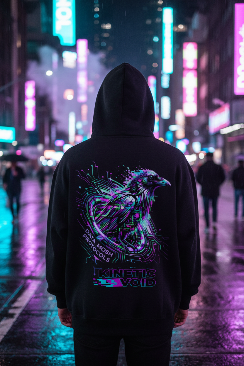 Raven Hoodie lifestyle shot - bright purple and teal neon street